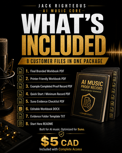 Promotional graphic for AI Music Core with workbook and microphone on a dark background