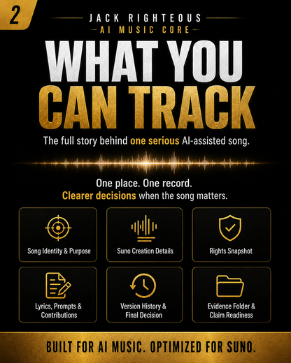 Promotional graphic for 'What You Can Track' by Jack Righteous AI Music Core with text and icons on a black and gold background.