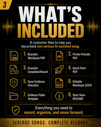 Promotional graphic for 'What's Included' with digital files for documenting a serious AI-assisted song.