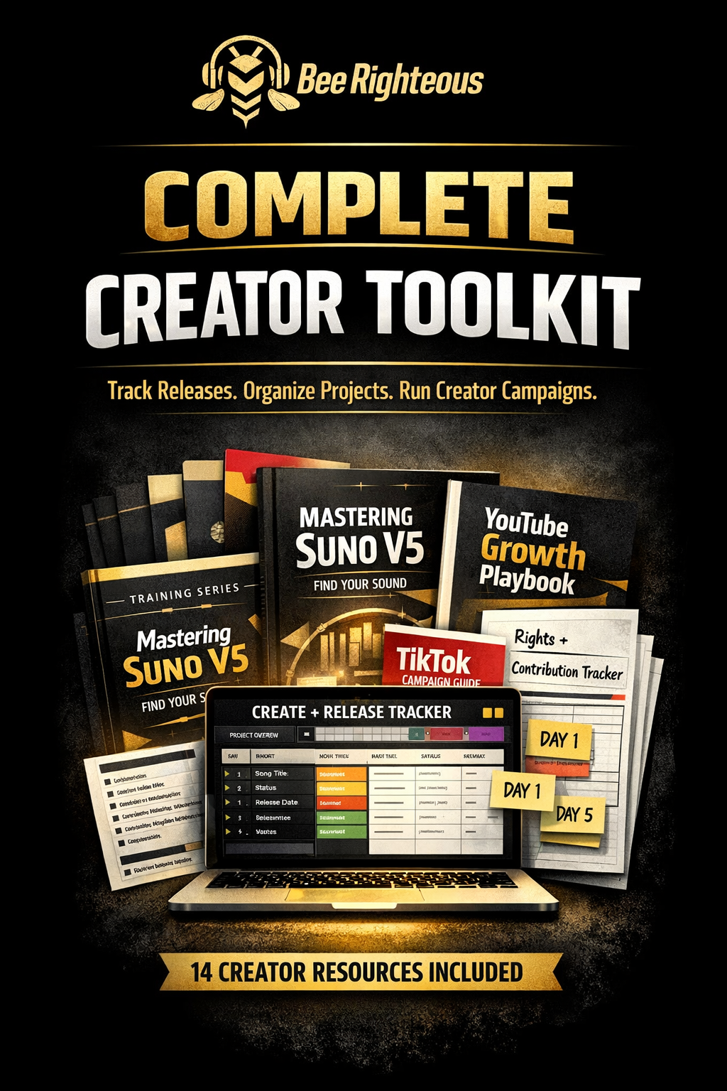 Cover of 'Complete Creator Toolkit' by Bee Righteous with digital tools and resources displayed.