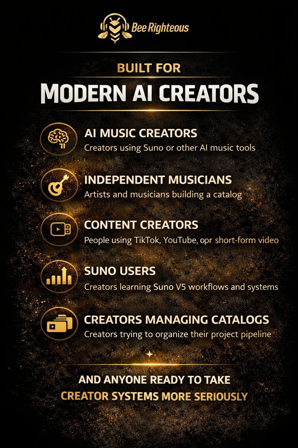 Promotional graphic for Bee Righteous AI tools targeting modern AI creators.