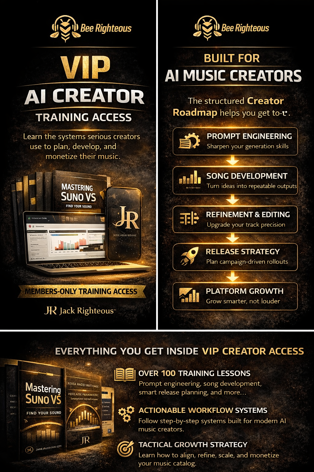 Promotional graphic for VIP AI Creator training access with features and benefits listed.