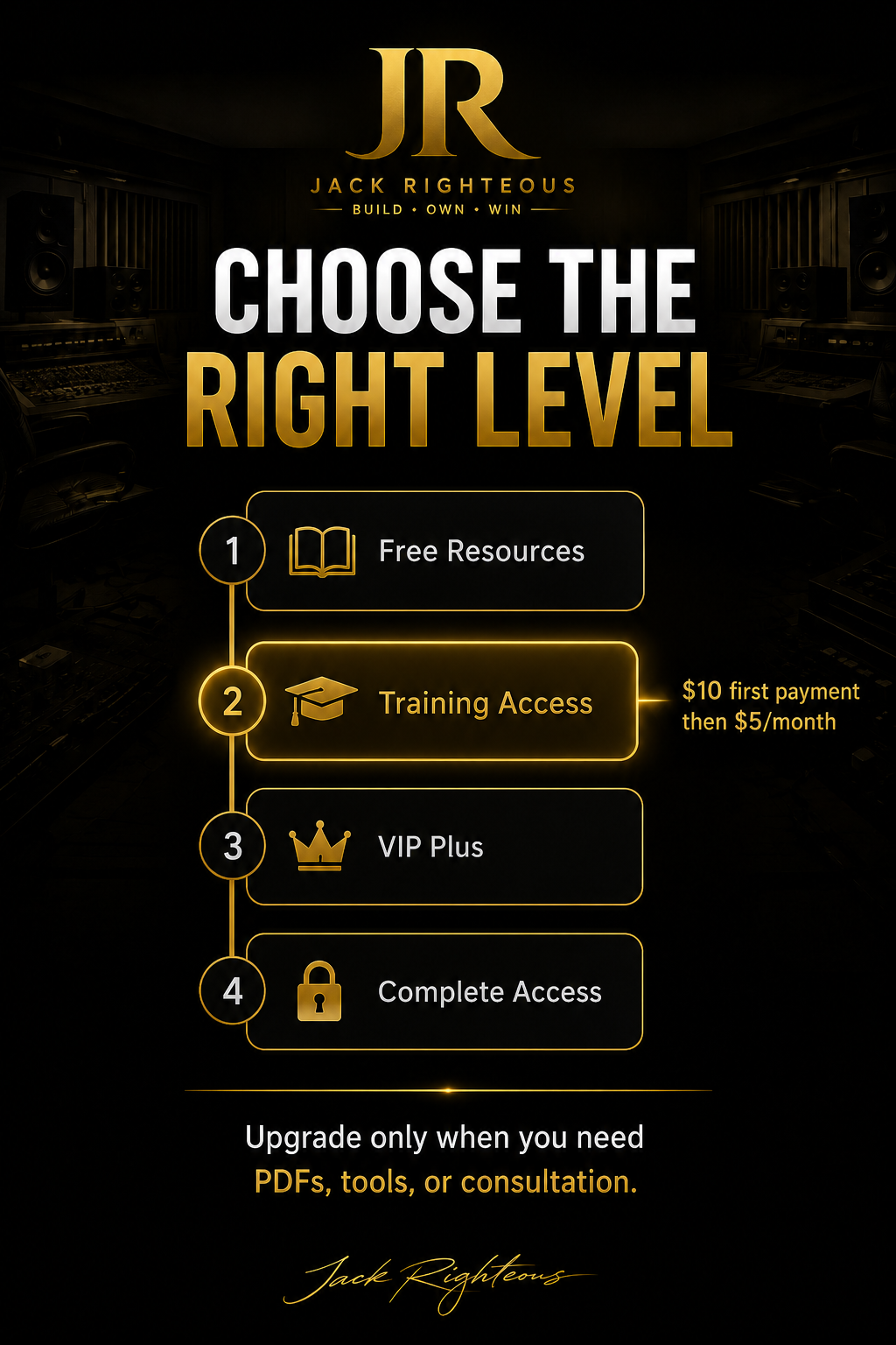 Promotional graphic for JR's membership levels with text and icons on a dark background.