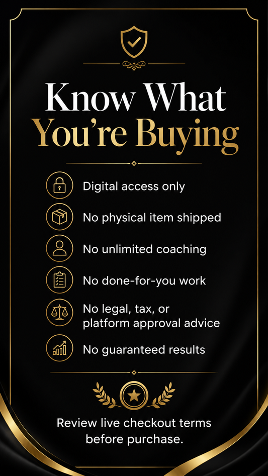 Promotional graphic with text and icons about digital product terms and conditions.