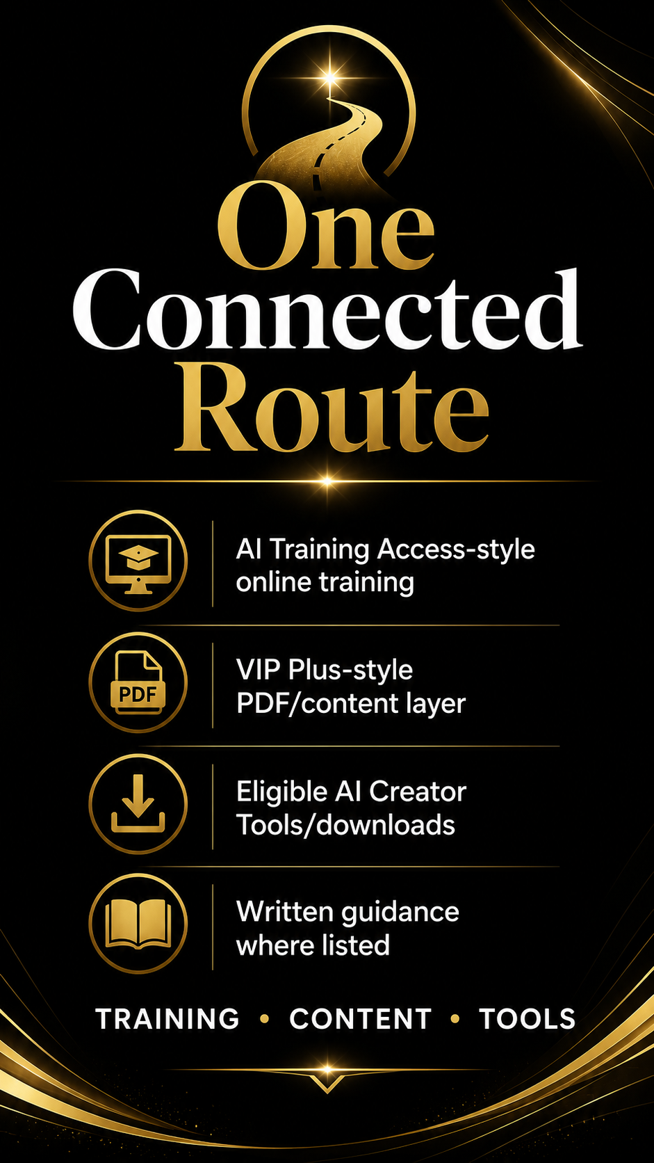 Promotional graphic for 'One Connected Route' with icons and text on a black background