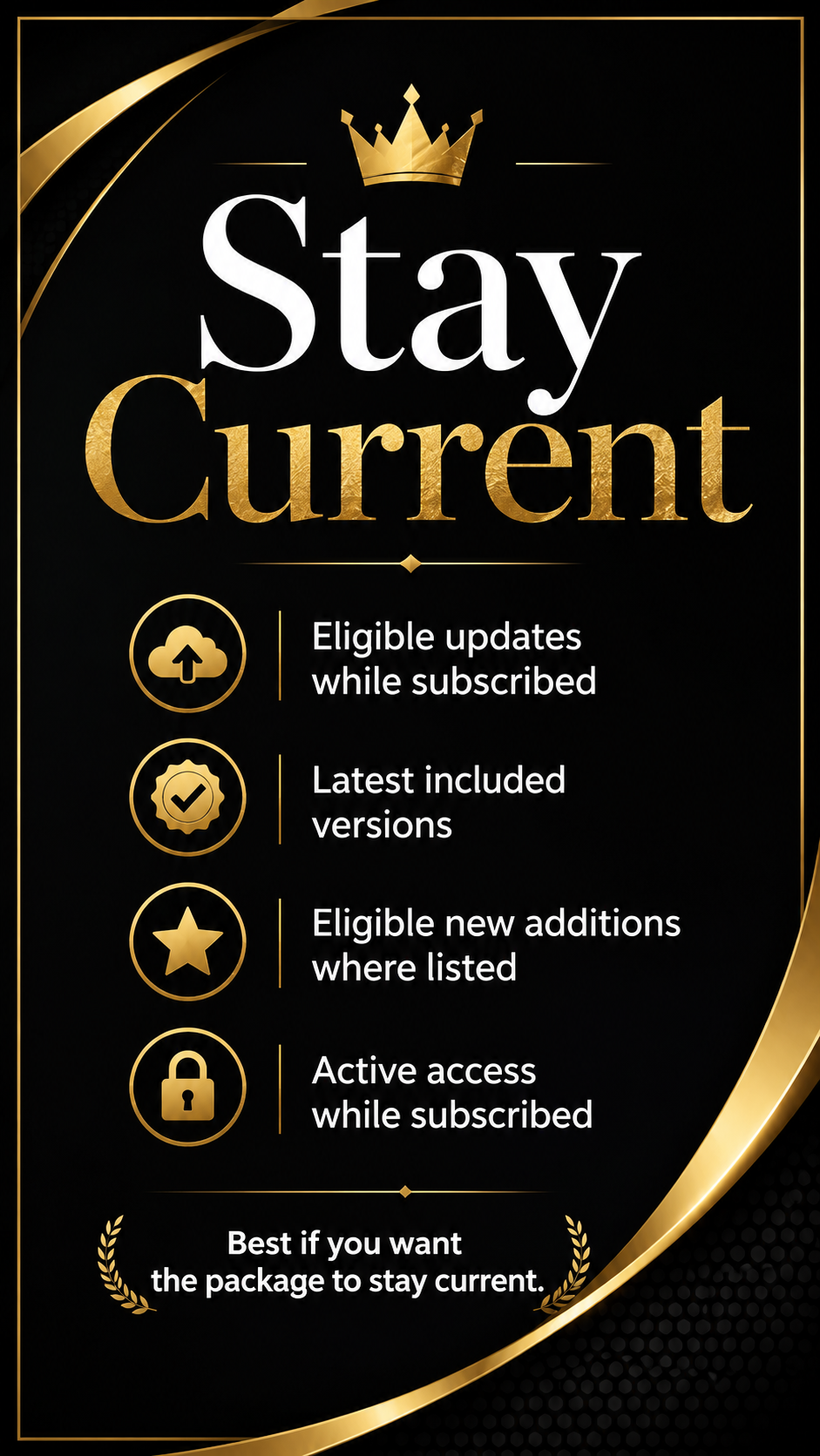 Promotional graphic for 'Stay Current' with gold and white text on a black background.
