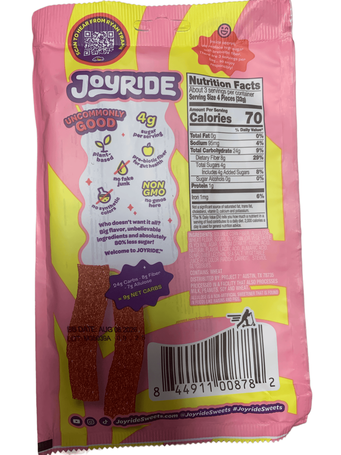 Ryan Trahan's Joyride Plant Based Sour Pink Lemonade Strips Candy 99G U.S Edition