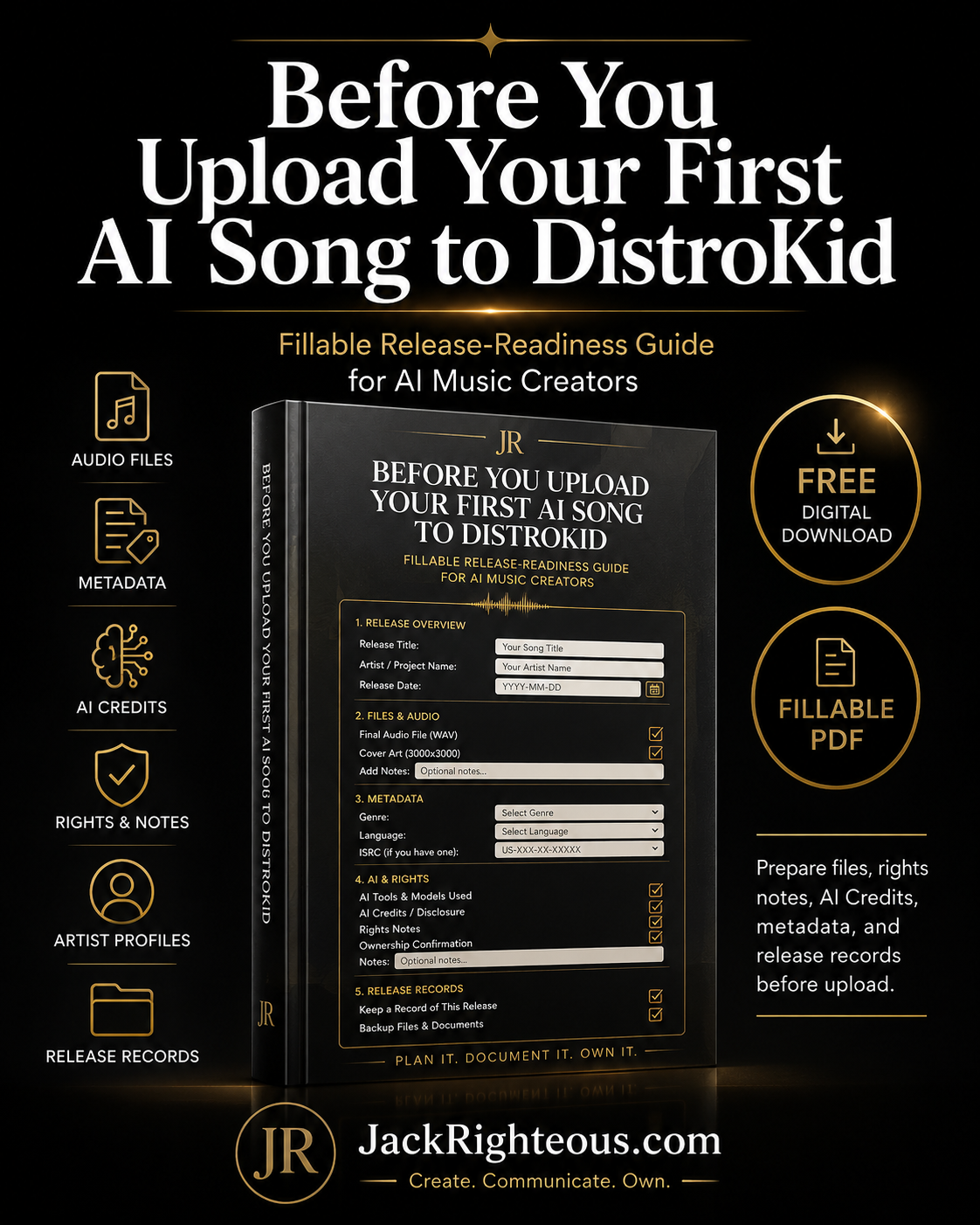Promotional graphic for a fillable release-readiness guide for AI music creators on DistroKid.