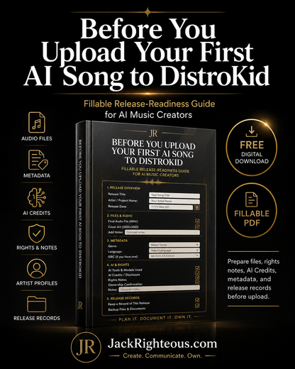 Promotional graphic for a fillable release-readiness guide for AI music creators on DistroKid.
