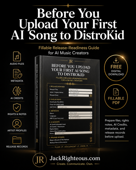 Promotional graphic for a fillable release-readiness guide for AI music creators on DistroKid.