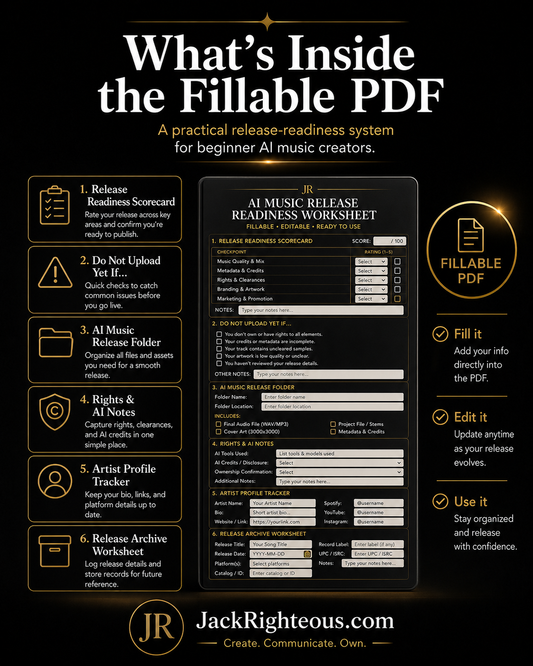 Promotional image of a fillable PDF for AI music release readiness system with features listed.