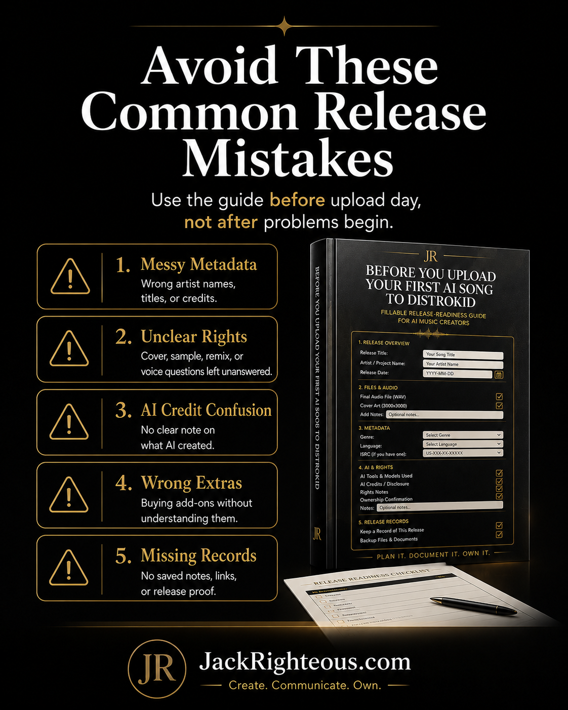 Book titled 'Before You Upload Your First Song to Distrokid' with tips on avoiding common release mistakes on a black background.