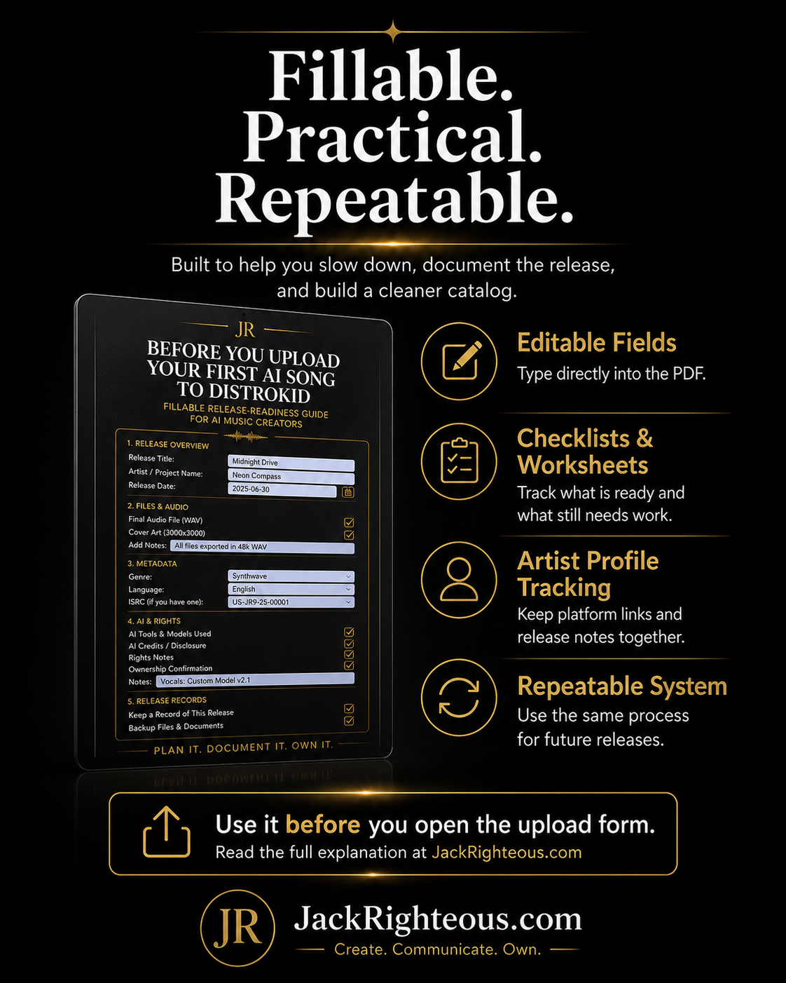 Promotional graphic for Jack Righteous' product with text and a checklist on a black background.