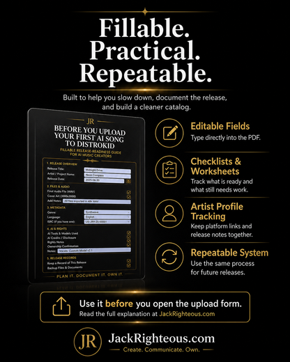 Promotional graphic for Jack Righteous' product with text and a checklist on a black background.
