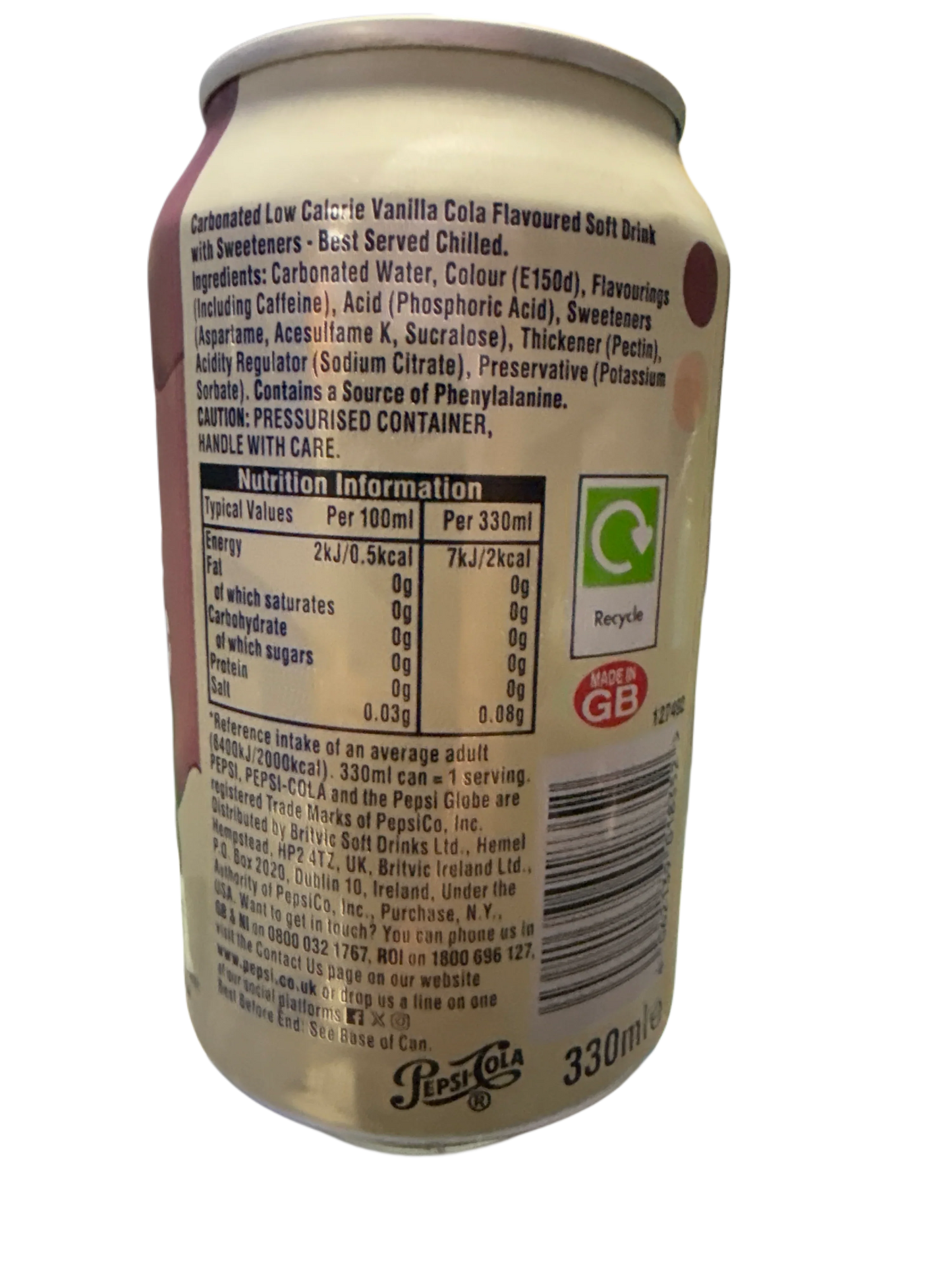 Pepsi Zero Cream Soda Flavoured Can 355ML - U.K Edition