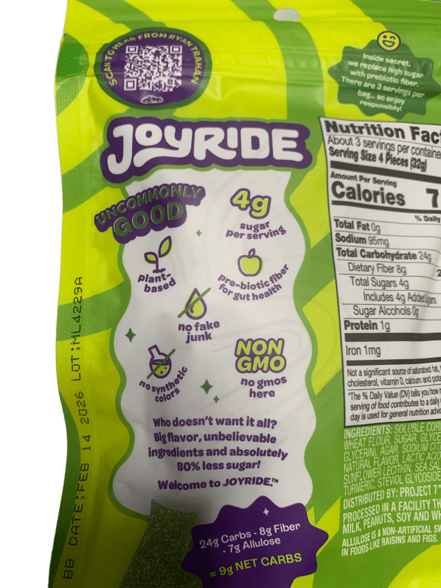 Ryan Trahan's Joyride Plant Based Sour Green Apple Strips Candy 99G U.S Edition