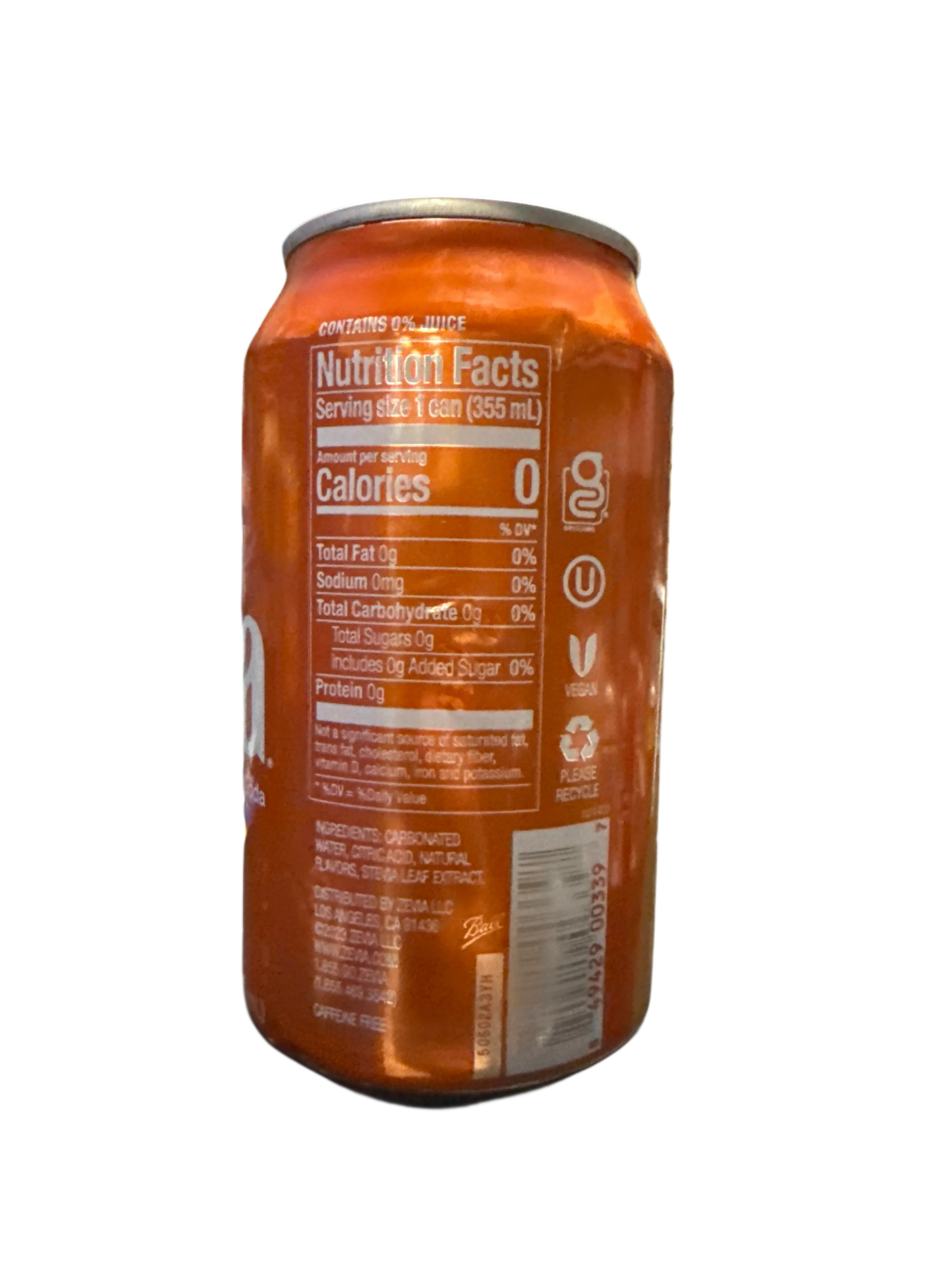 Zevia Zero Sugar Orange Flavoured Soda 355ML - Canadian Edition