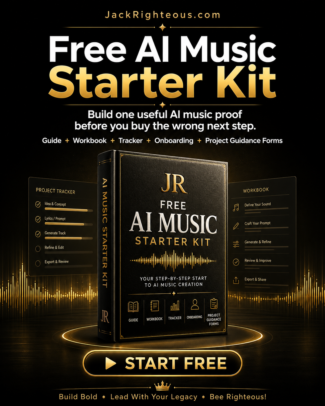 Free AI Music Starter Kit cover with guide, workbook, tracker, onboarding, and project guidance forms.