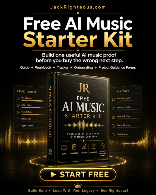 Free AI Music Starter Kit cover with guide, workbook, tracker, onboarding, and project guidance forms.