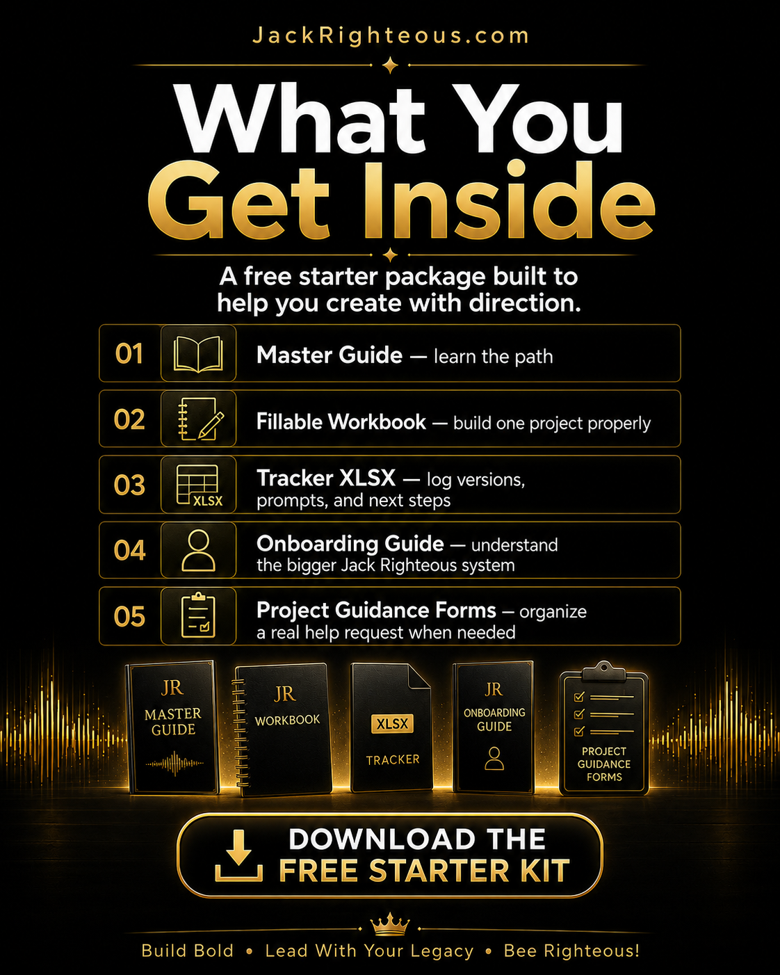 What you get inside the free AI music starter package: guide, workbook, tracker, onboarding guide, and forms.