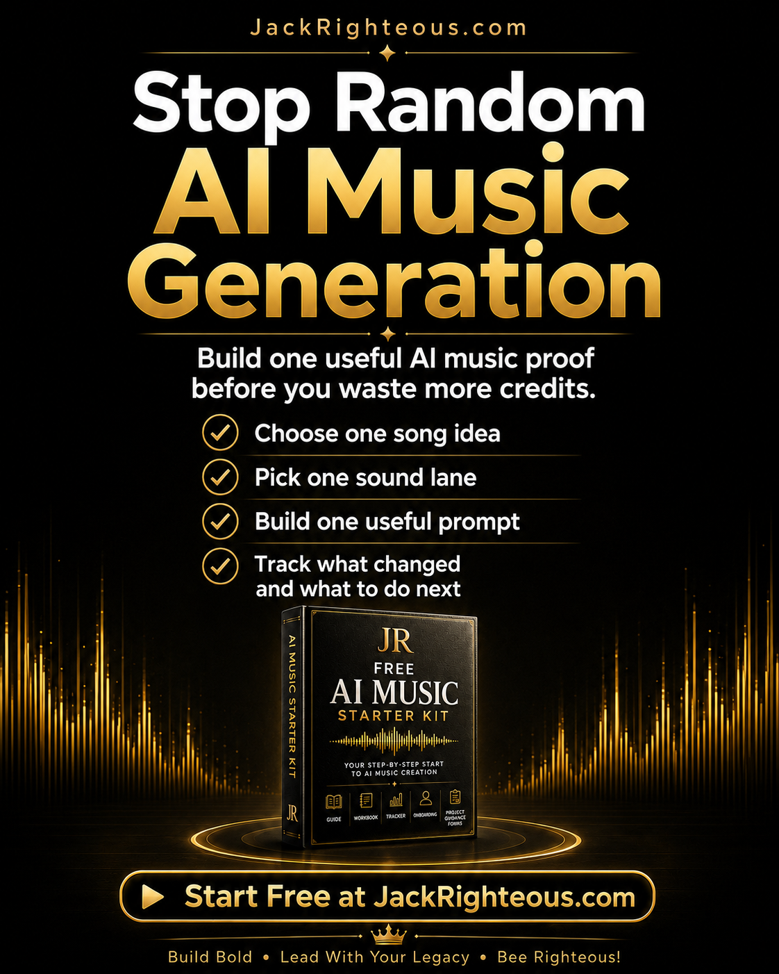 Stop random AI music generation slide showing one song idea, one sound lane, prompt, and tracked next steps.