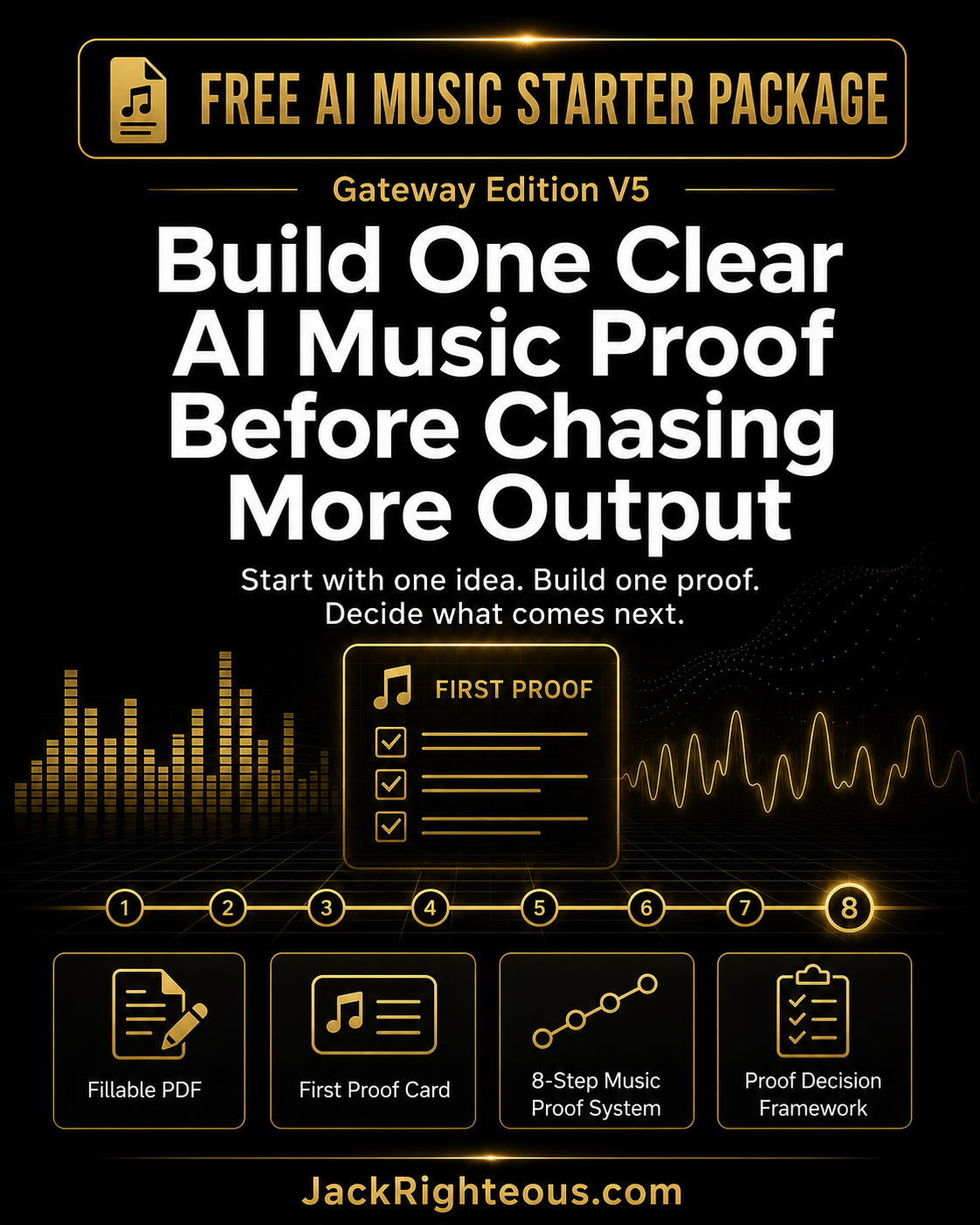 Promotional graphic for a free AI music starter package with text and icons on a black background.