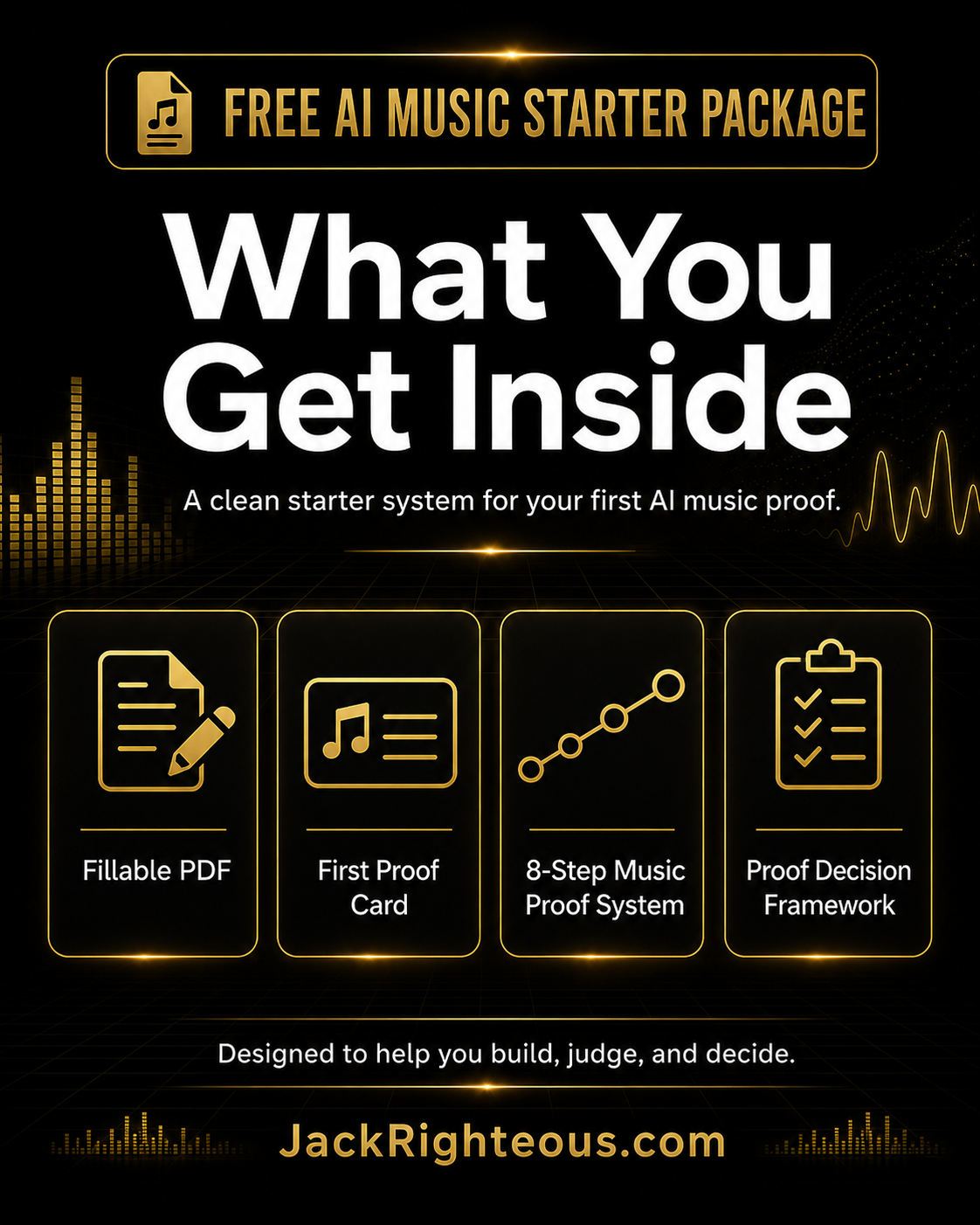 Promotional graphic for a free AI music starter package with icons and text on a black background.