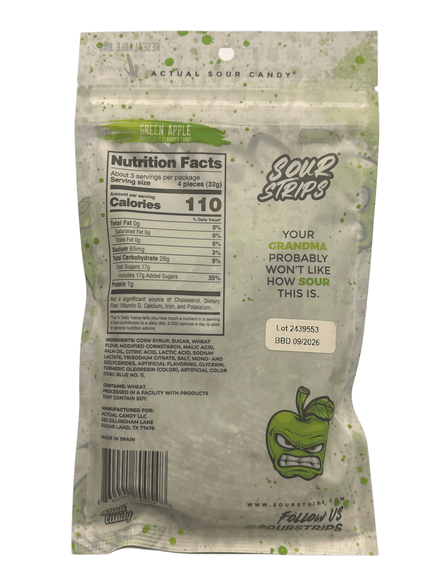 Sour Strips Green Apple Candy Bag 3.40OZ - U.S Edition