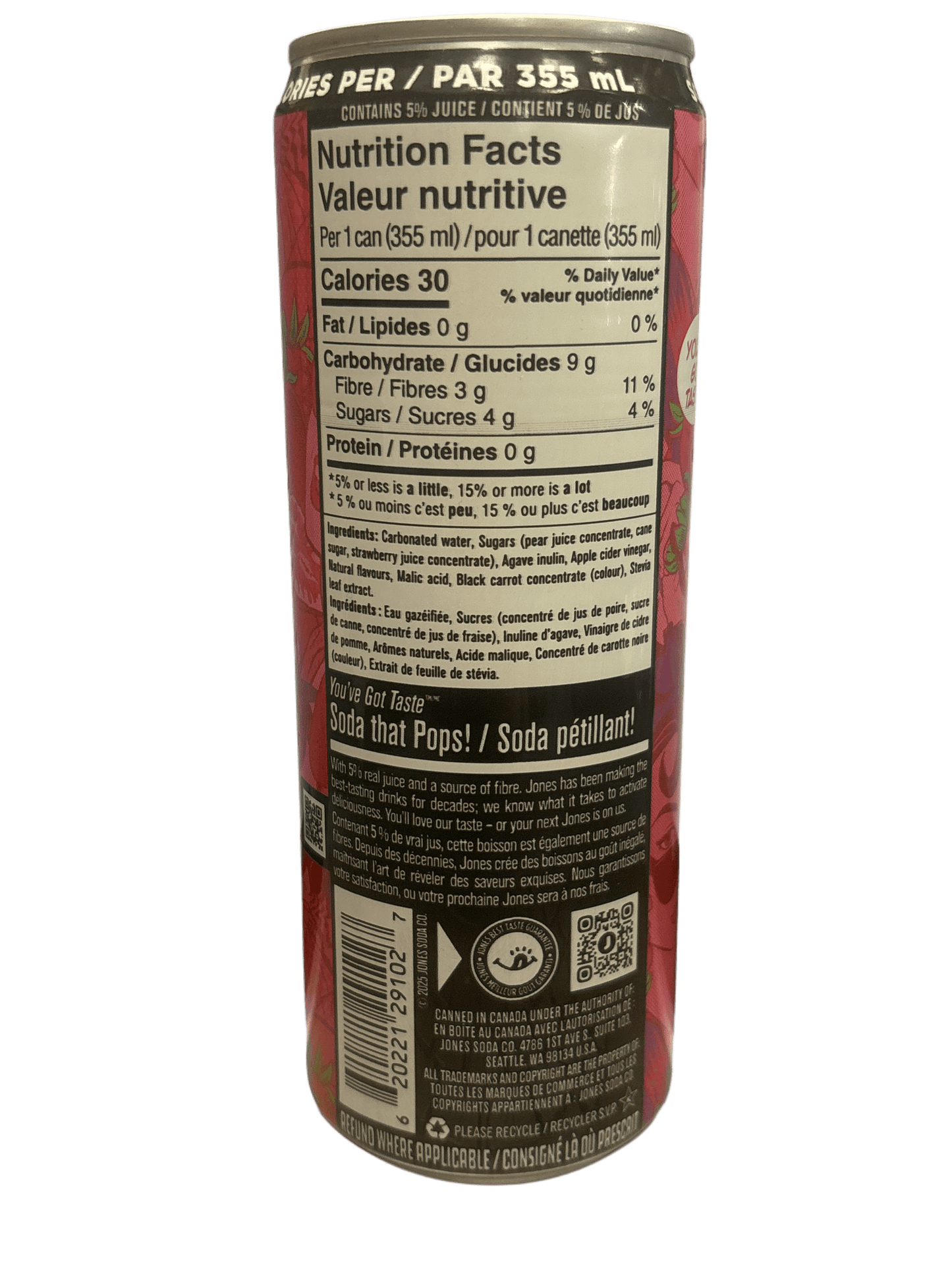 Pop Jones Prebiotic Strawberry Passionfruit Soda 355ML - Canada Edition