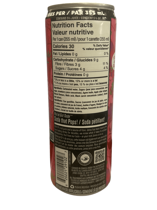 Pop Jones Prebiotic Strawberry Passionfruit Soda 355ML - Canada Edition