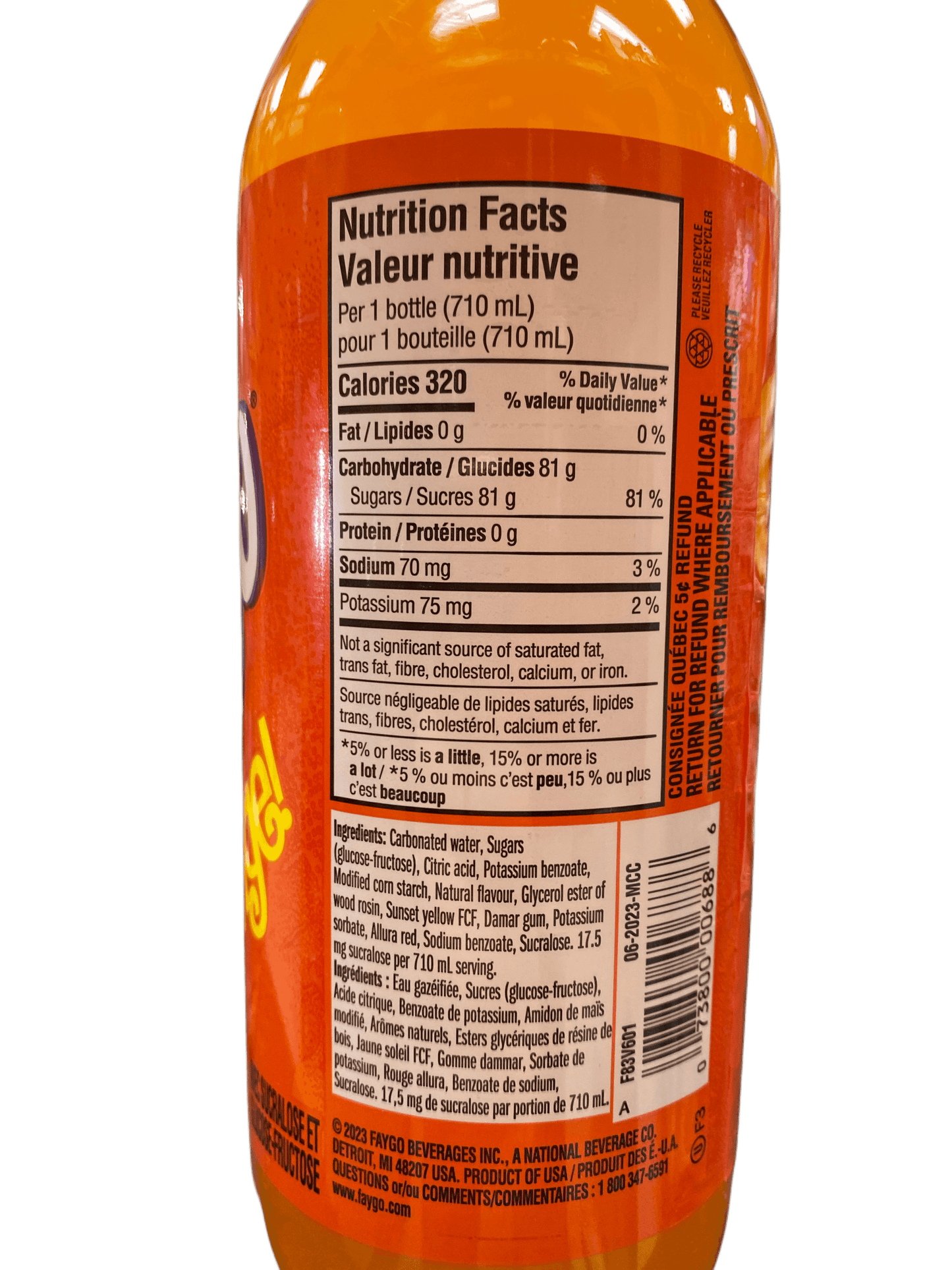 Faygo Orange Drink Bottle 710ML - U.S Edition