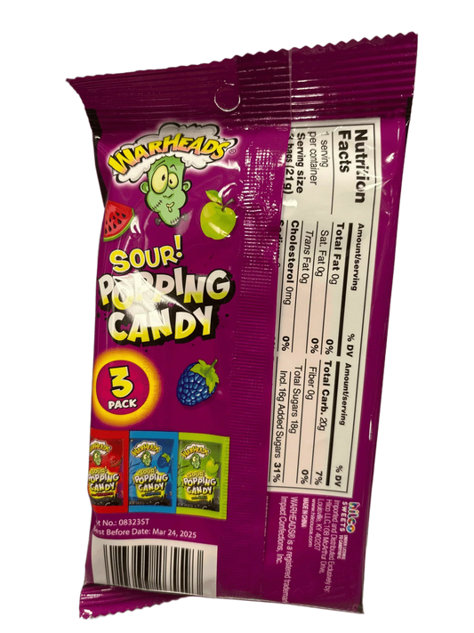 Warheads Sour Popping Candy 3 Fruity Flavors - 21G