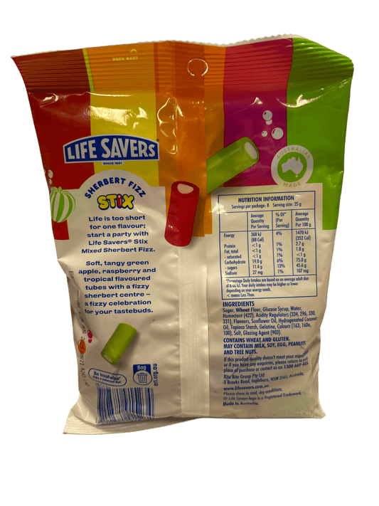 Life Savers Mixed Sherbert Fizz Stix Bag 200G - Australian Edition