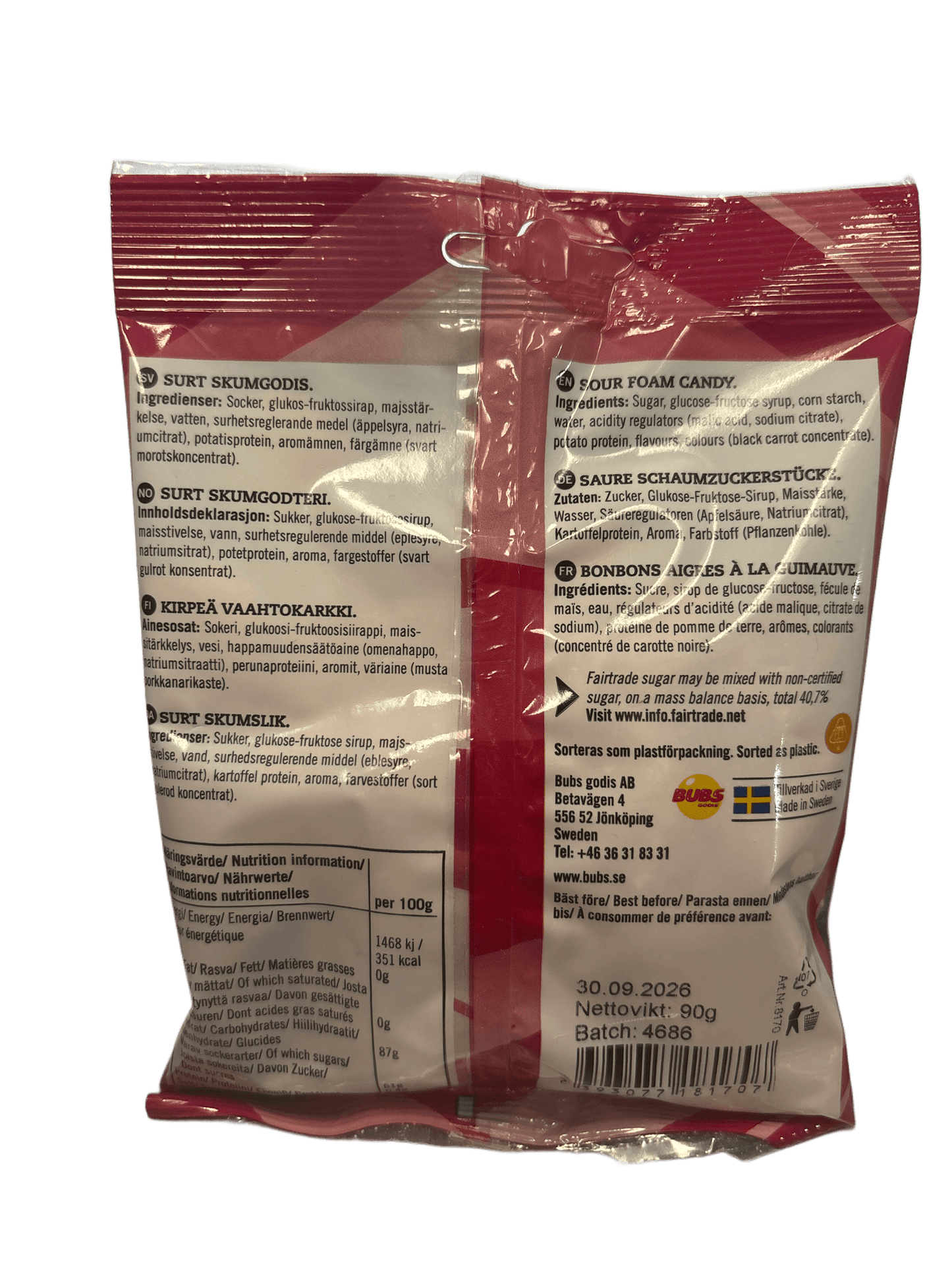 BUBS Godis Cool Hallon SKALLE Skum Candy Bag 90G - Swedish Edition