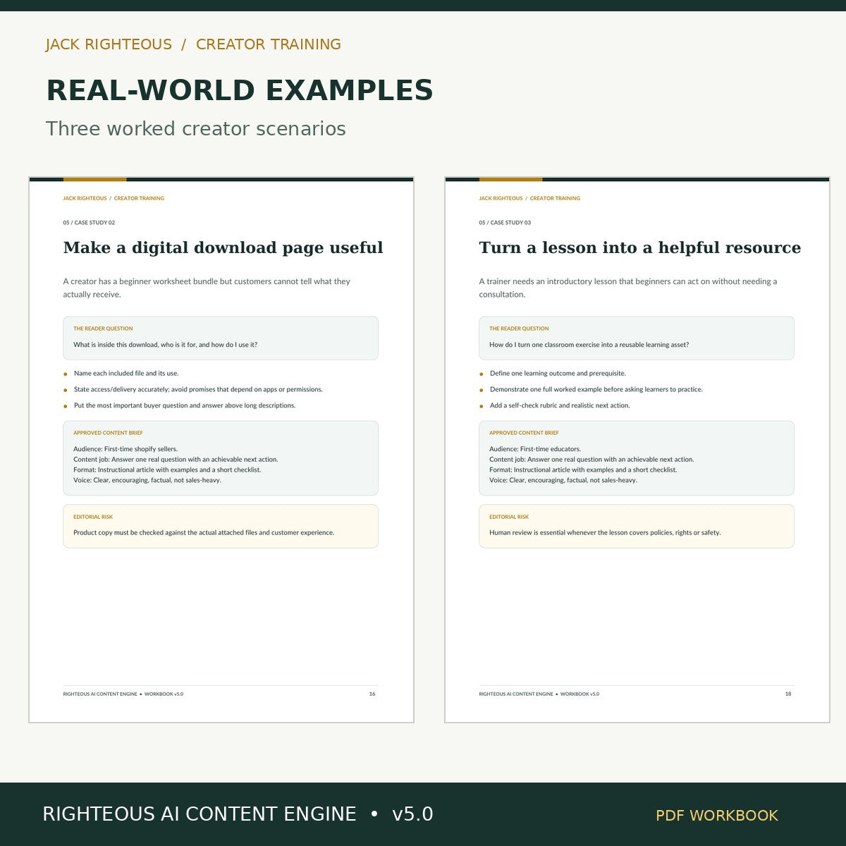 Righteous AI Content Engine v5.0: real creator case study page previews