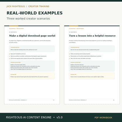 Righteous AI Content Engine v5.0: real creator case study page previews