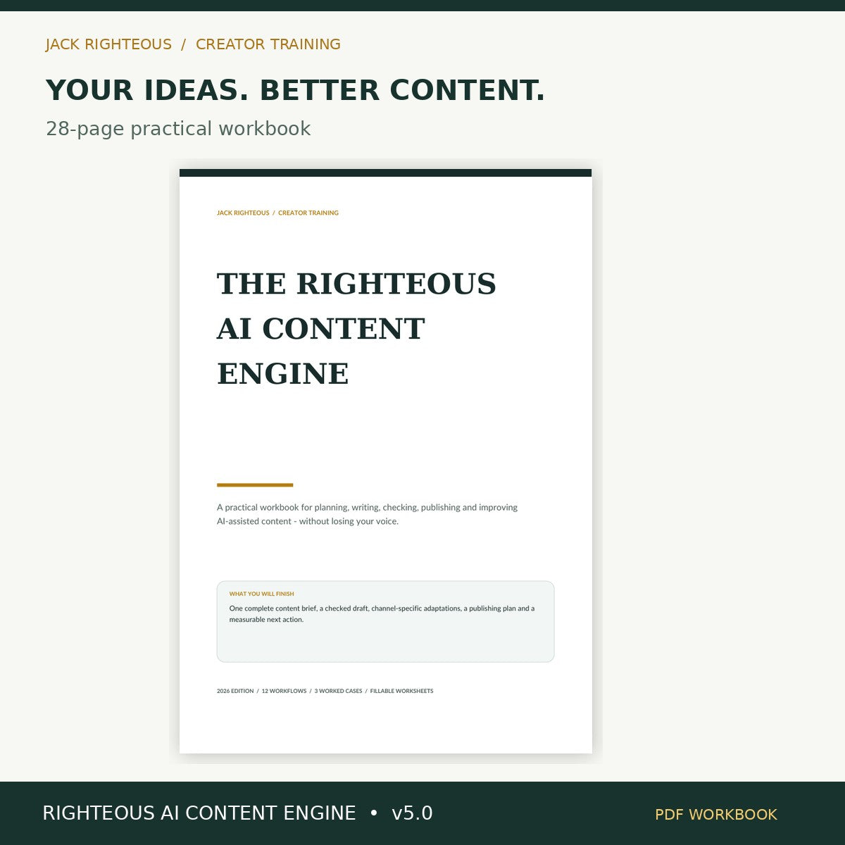 Righteous AI Content Engine v5.0: actual PDF cover and workbook overview