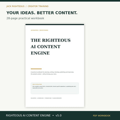Righteous AI Content Engine v5.0: actual PDF cover and workbook overview
