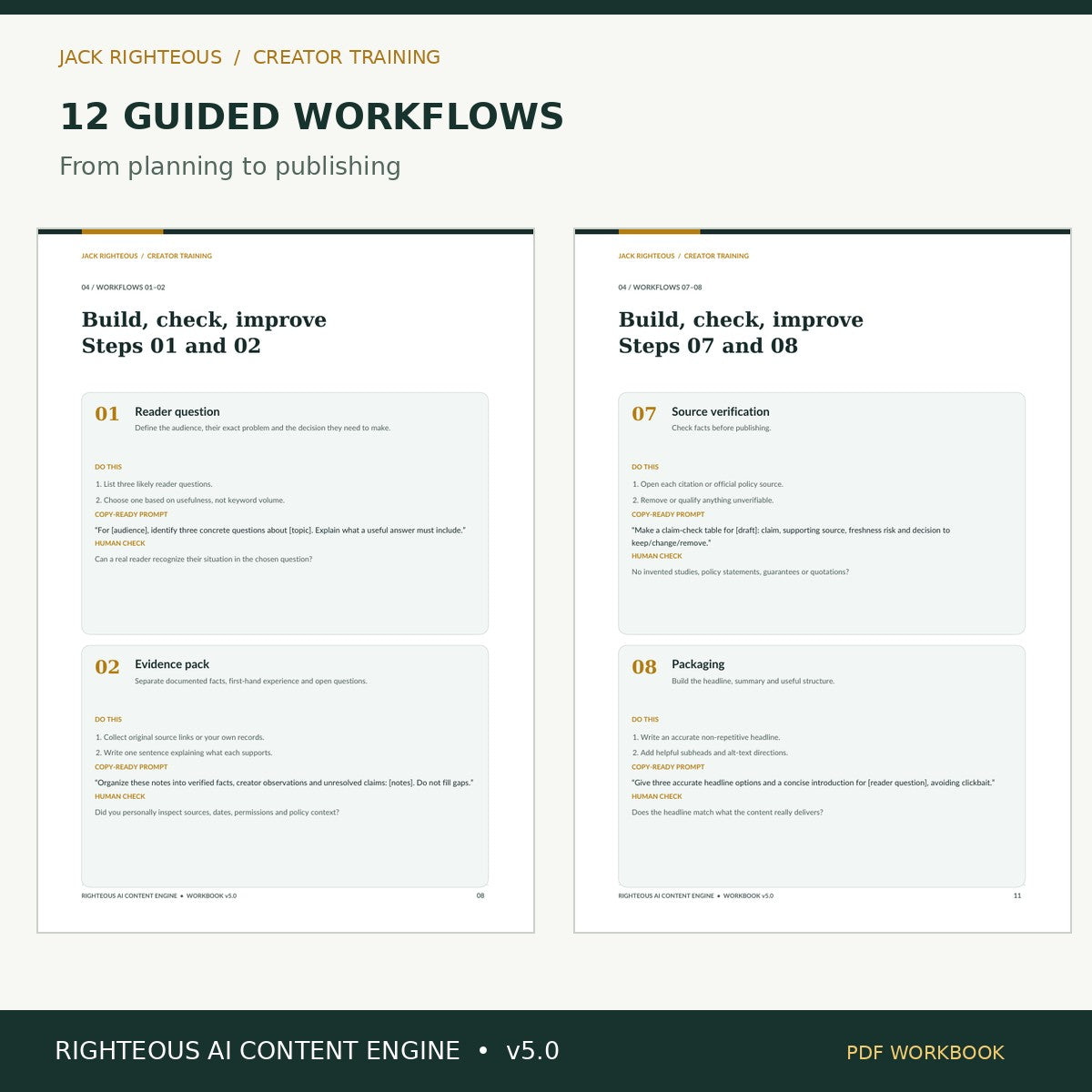 Righteous AI Content Engine v5.0: guided workflow lesson previews