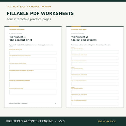 Righteous AI Content Engine v5.0: fillable PDF worksheet examples