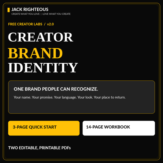 Creator Brand Identity v2.0 free student pack cover — three-page Quick Start and fourteen-page editable Full Workbook
