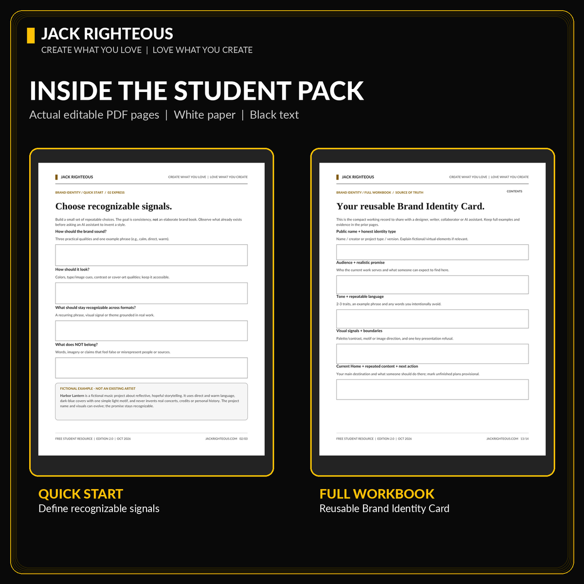 Actual editable worksheet page previews from the Creator Brand Identity Quick Start and Full Workbook