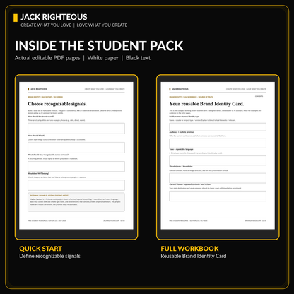 Actual editable worksheet page previews from the Creator Brand Identity Quick Start and Full Workbook