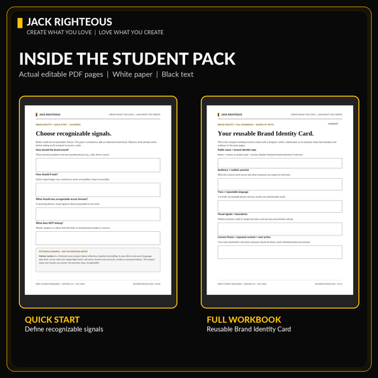 Actual editable worksheet page previews from the Creator Brand Identity Quick Start and Full Workbook
