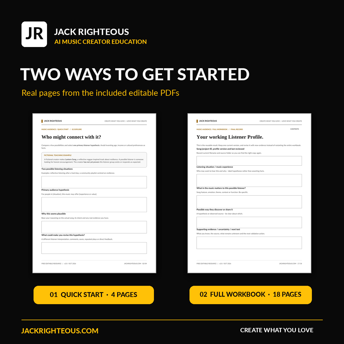 Music Audience Profiles v2.0 preview of actual editable PDF pages in Quick Start and Full Workbook.