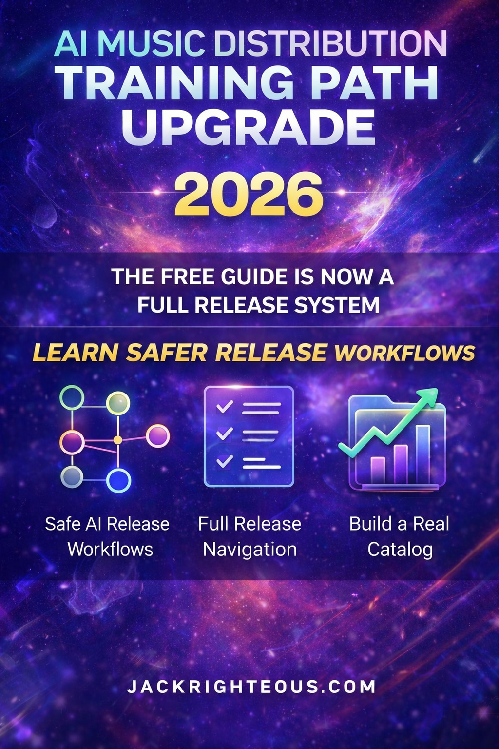 Promotional graphic for AI music distribution training path upgrade 2026 with colorful background and text.