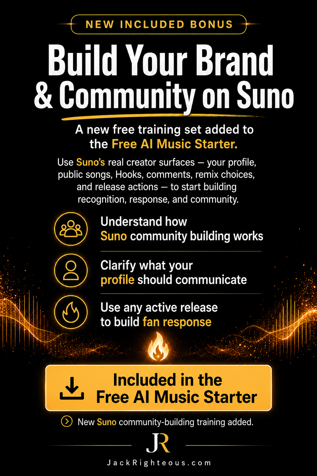 Promotional graphic for a digital product, 'Build Your Brand & Community on Suno', featuring a black background with white and yellow text, gold soundwave graphics, and a yellow download banner at the bottom.
