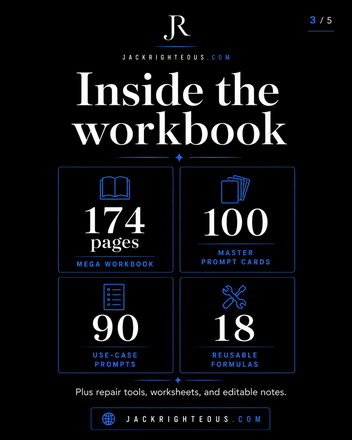 Promotional graphic for a workbook and prompt cards with text and icons on a black background.