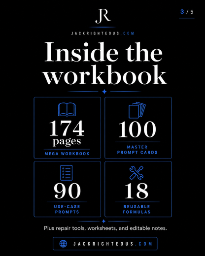 Promotional graphic for a workbook and prompt cards with text and icons on a black background.