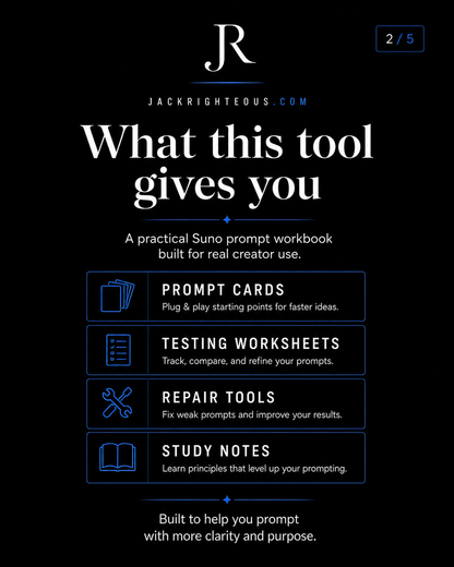 Promotional graphic for a Suno prompt workbook with features on a black background.